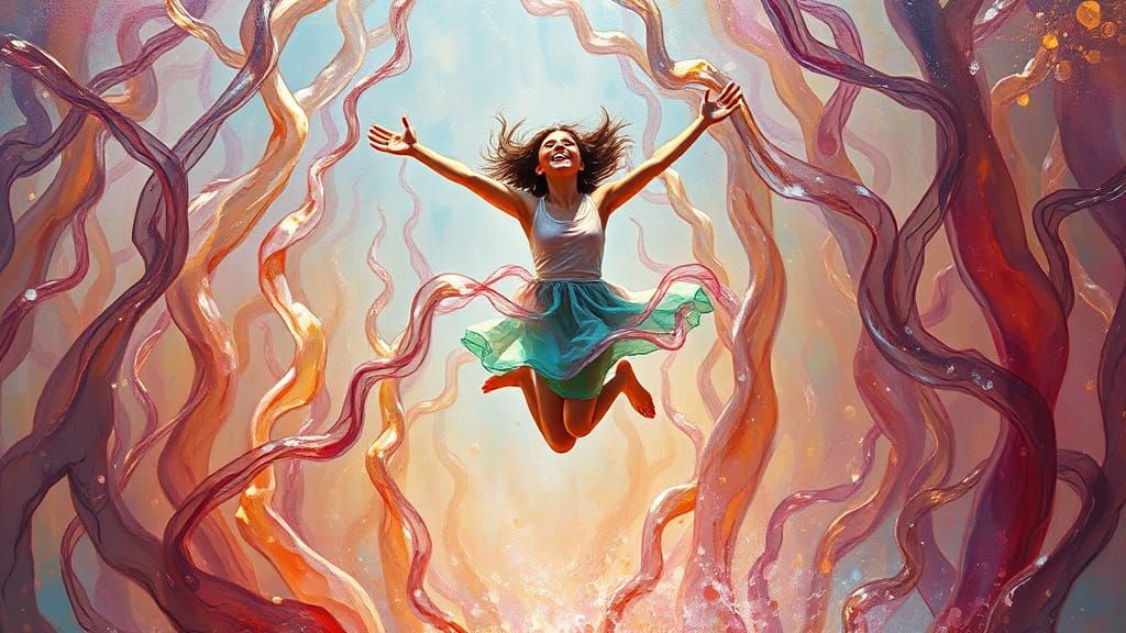 Ecstatic Figure Floats in Surreal Glass Forest