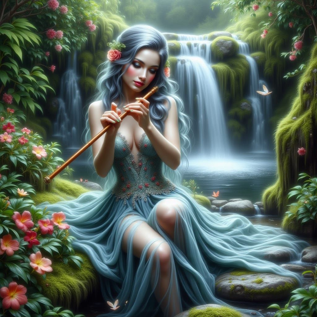 Enchanting Flute Player in Sunlight, Art Nouveau Style