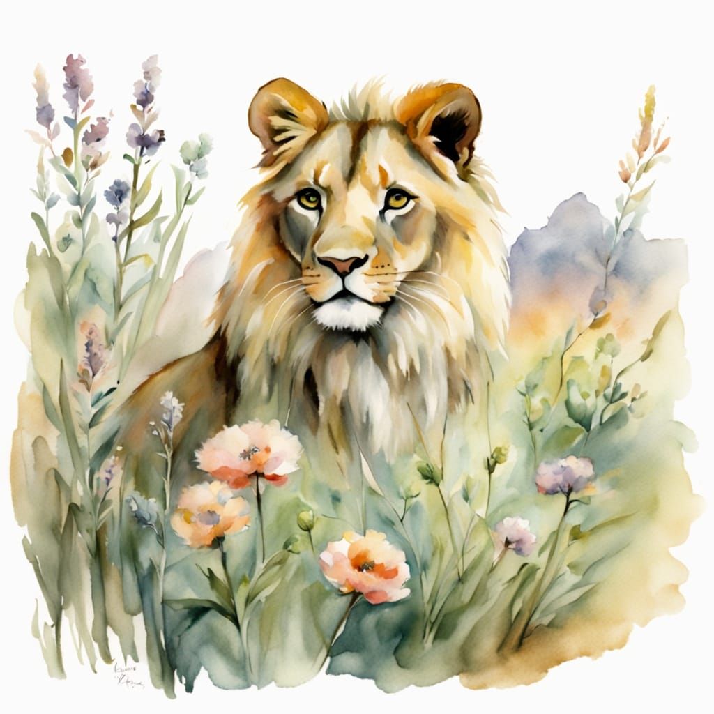 Regal Lion in Whimsical Watercolor Landscape