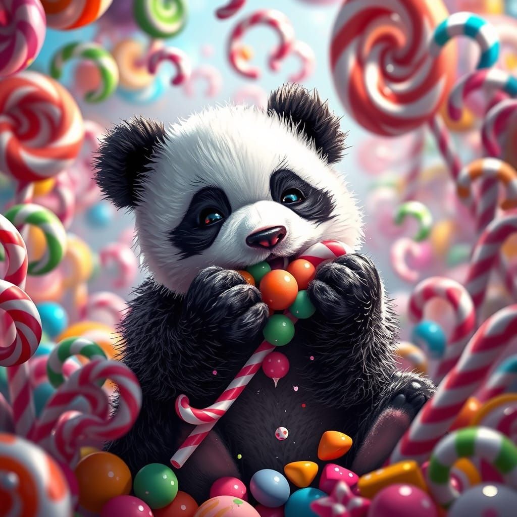 Whimsical Baby Panda in a Vibrant Candy Wonderland