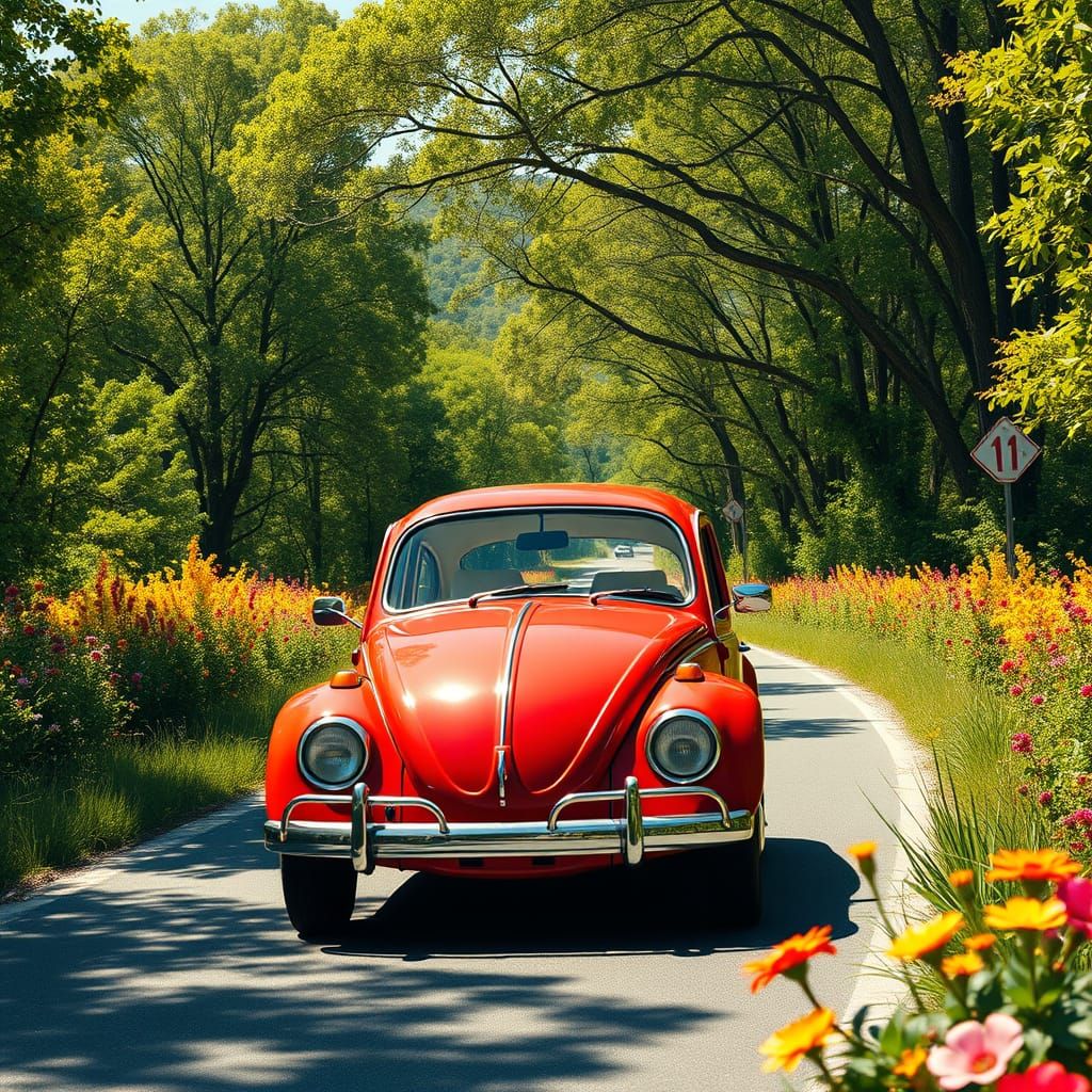 Volkswagen Beetle Drives Through Vibrant Countryside in Drea...