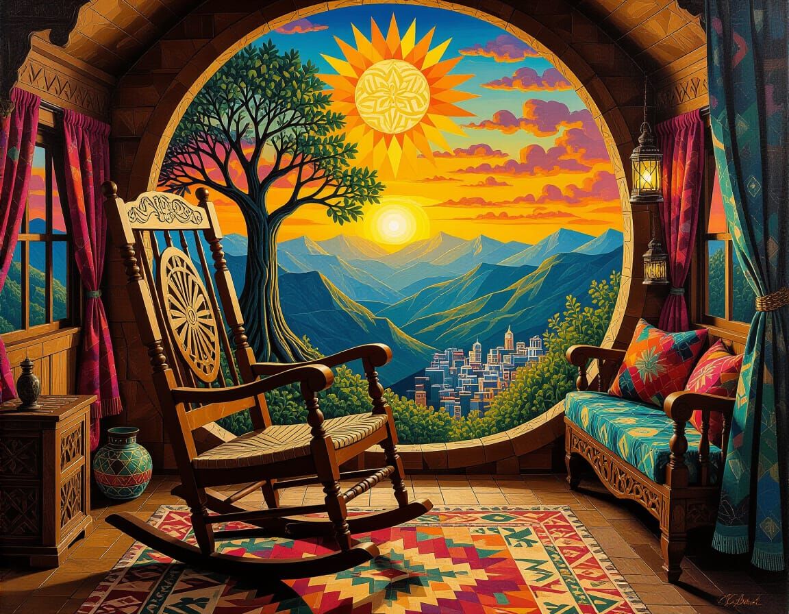 Ornate Rocking Chair with Tree Carving in Oil Painting