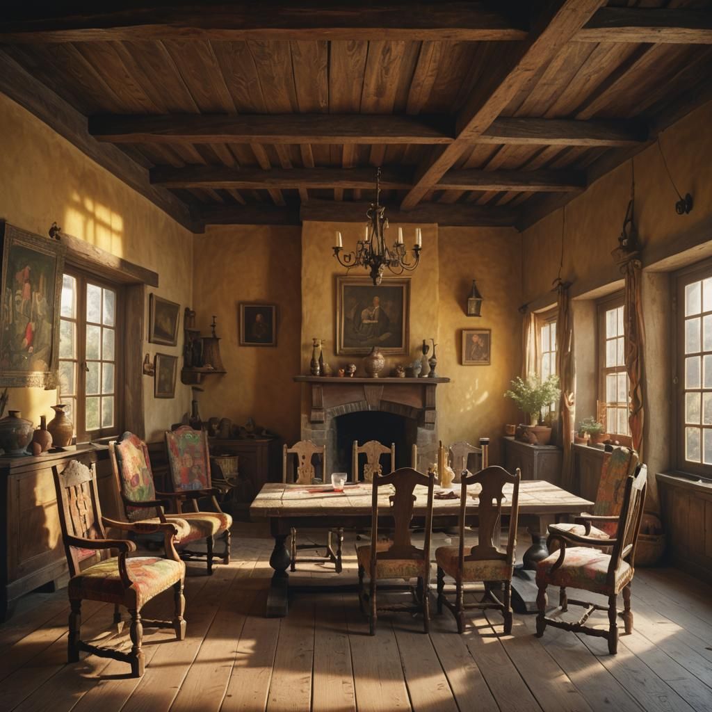 Cozy Medieval House Sitting Room with Colorful Chairs