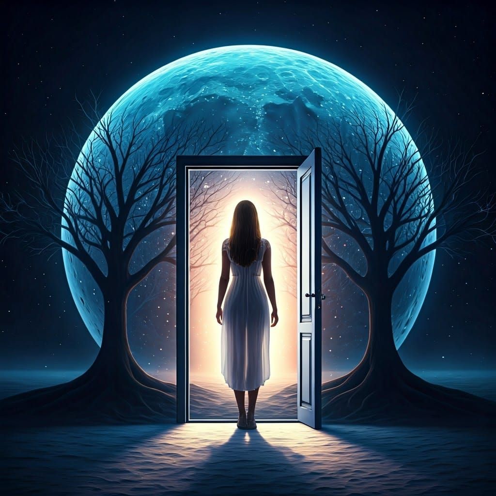 Mystical Moon Landscape with Celestial Trees