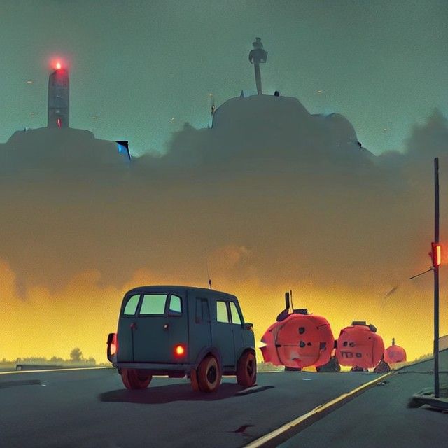 Giant Robot Blocks Road in Apocalyptic Landscape