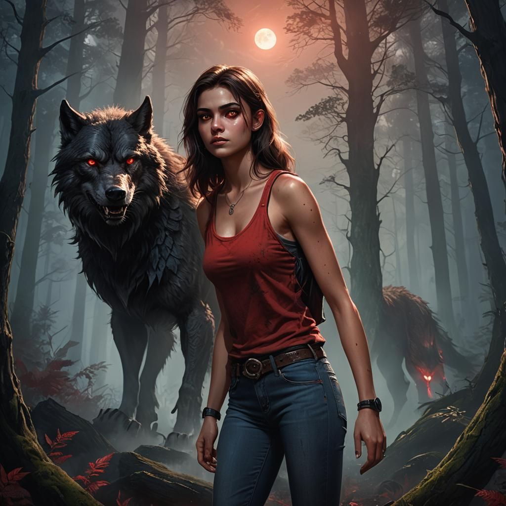 Teenage Werewolf Girl in Misty Forest, Fantasy Art