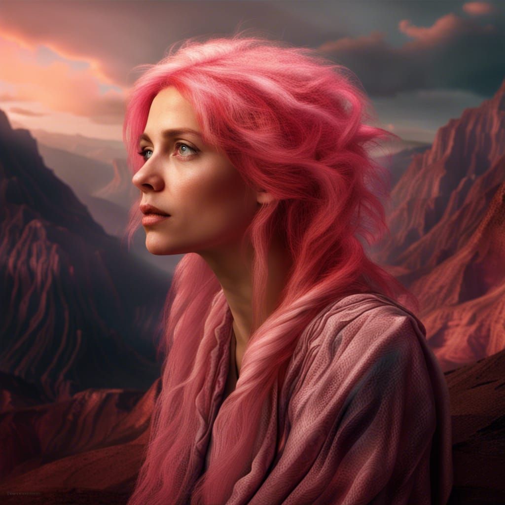 Pensive Pink-Haired Woman in Detailed Matte Painting