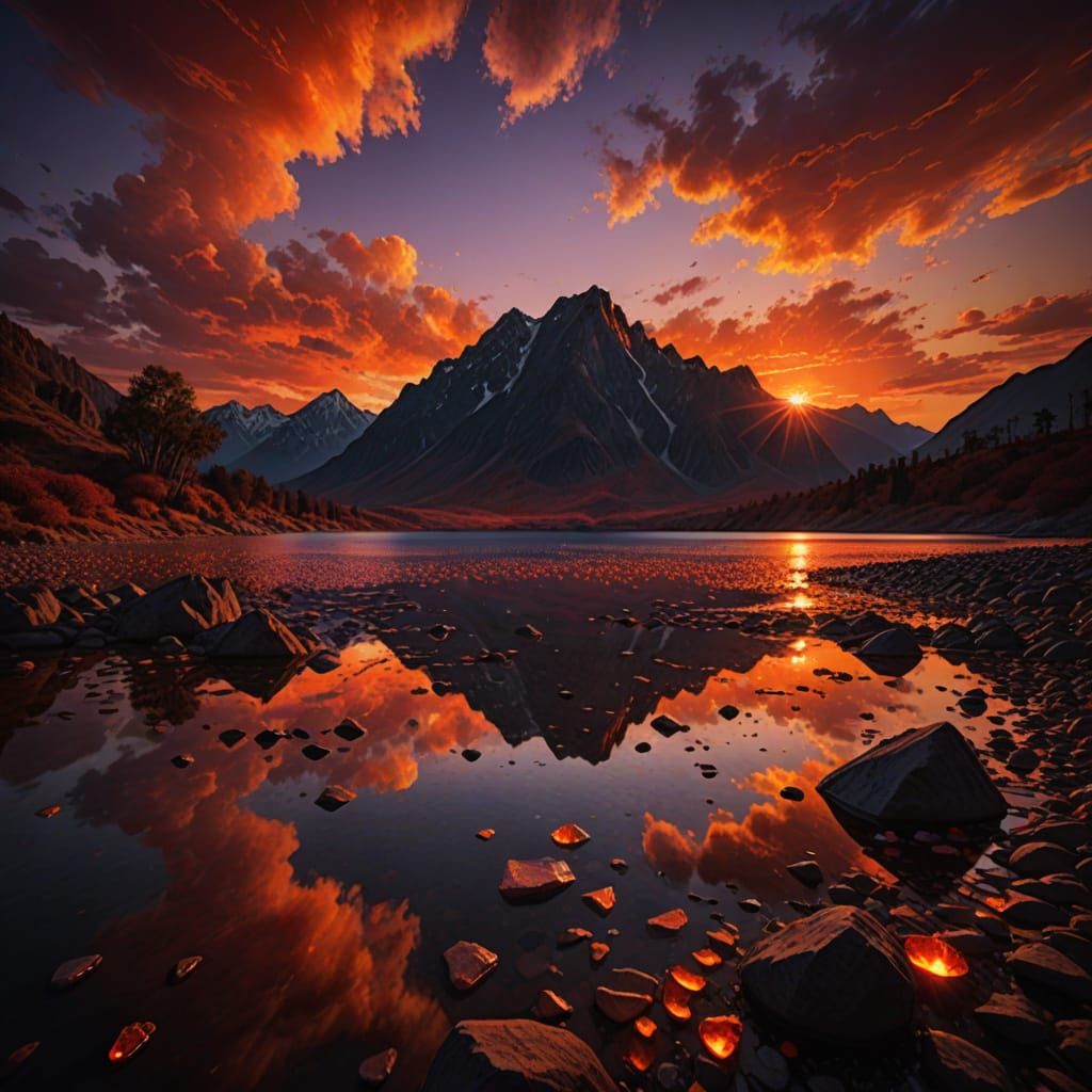 Fiery Sunset Over Still Lake, Photorealistic Digital Art