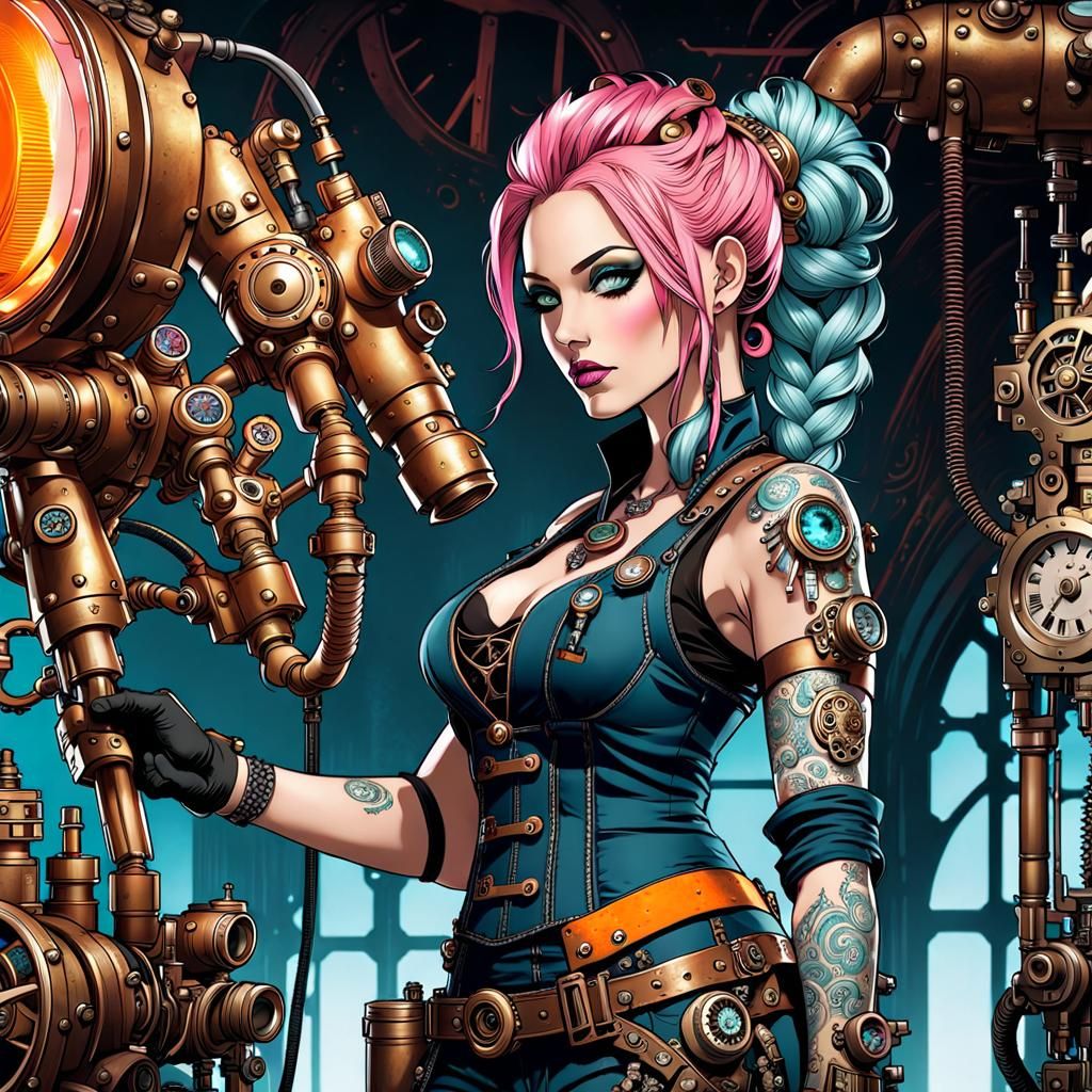 Artificer Woman Repairing Steampunk Mechanism
