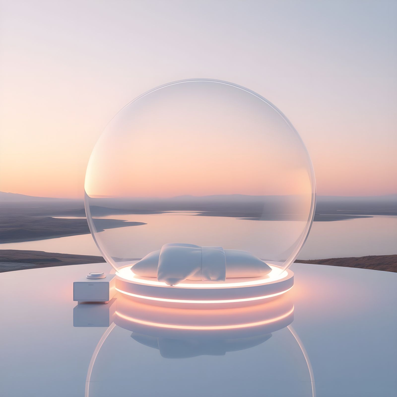 Luminous Floating Bedroom in a Surreal Dreamscape