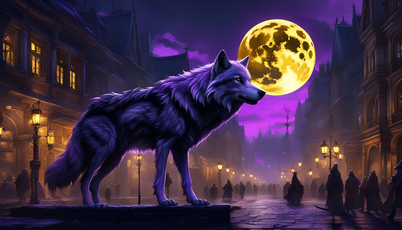 Wolf in der Stadt bei Vollmond