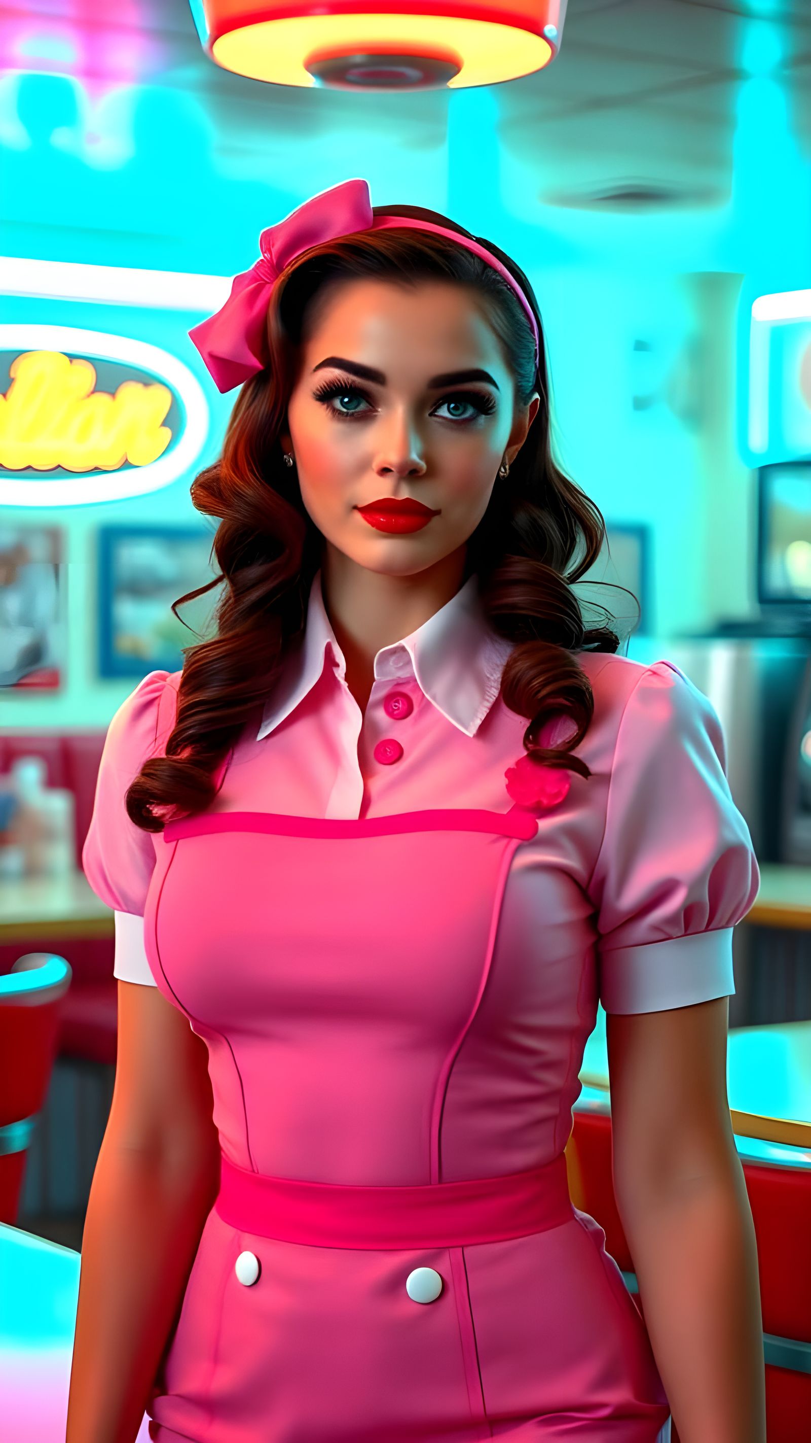 Retro Diner Waitress in Neon Synthwave Uniform