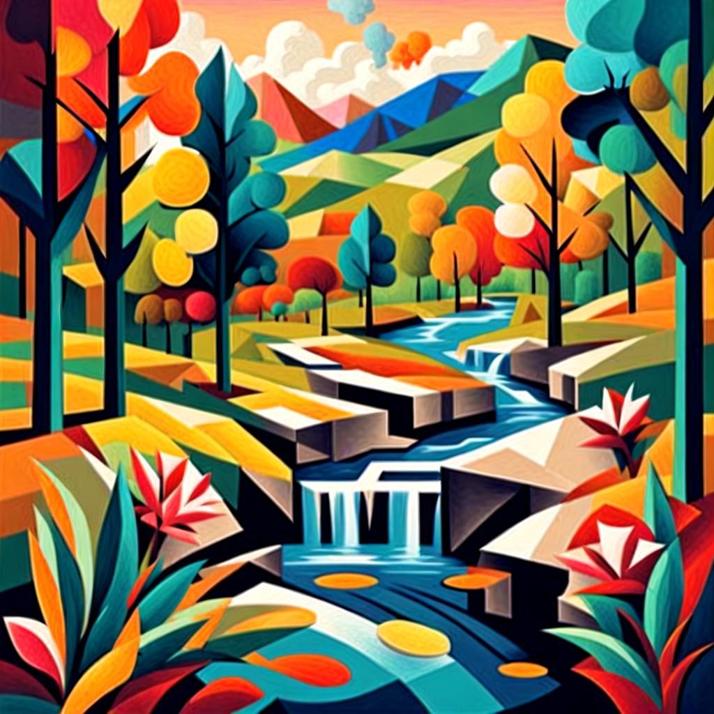 Colorful Cubist Landscape with Geometric Flowers