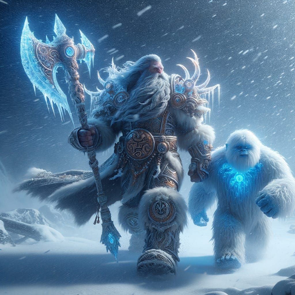 Dwarf and Bioluminescent Yeti in Blizzard, Hyperrealistic