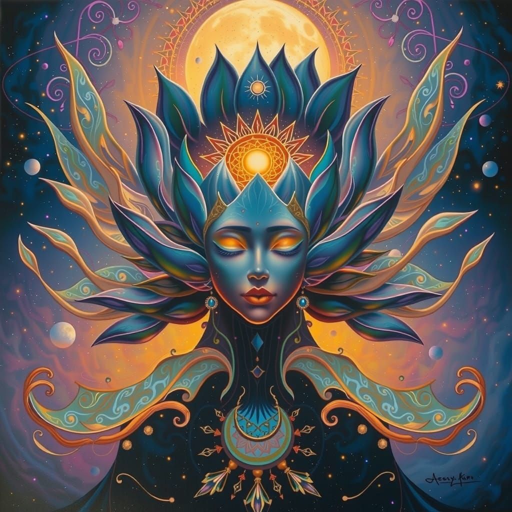 Divine Goddess Embodies Black Lotus Bloom in Cosmic Psychede...
