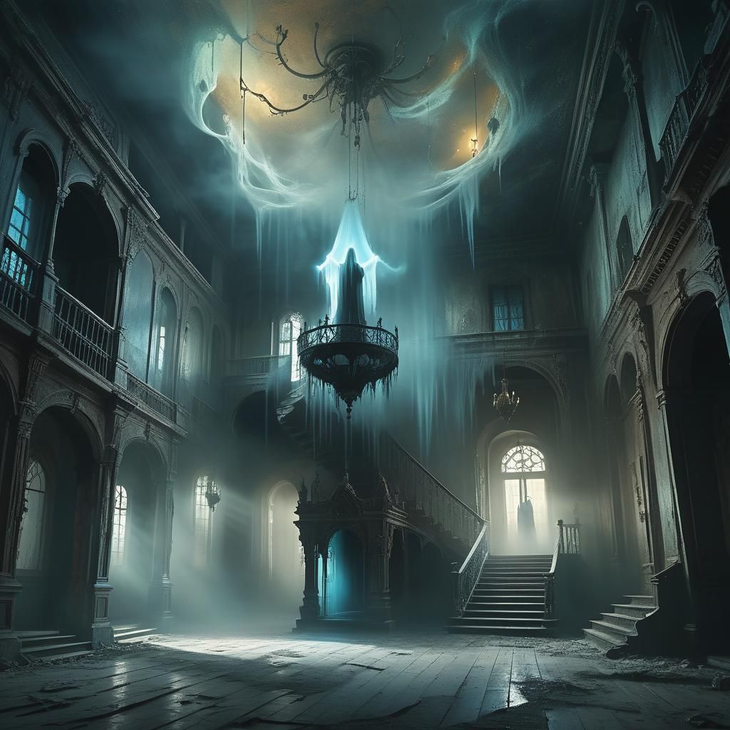 Spectral Ghost in Haunted House Foyer