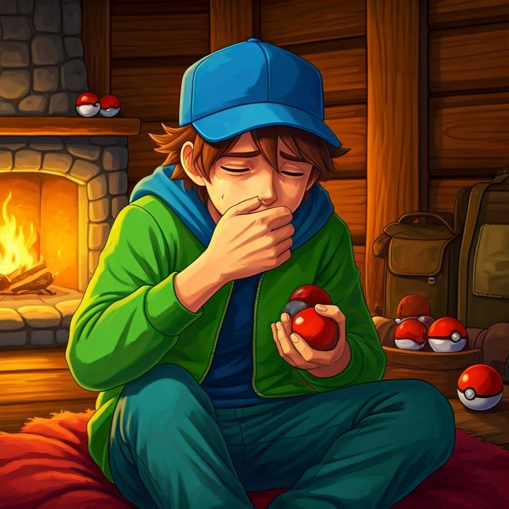 Sad Pokémon Trainer in Cozy Cottage, Anime Illustration