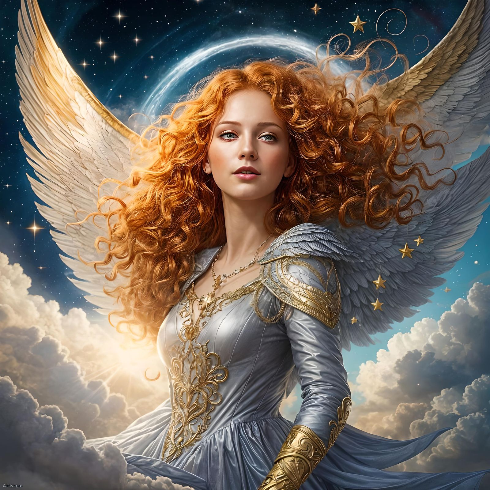Fantasy Woman with Golden Wings in Cloudy Sky