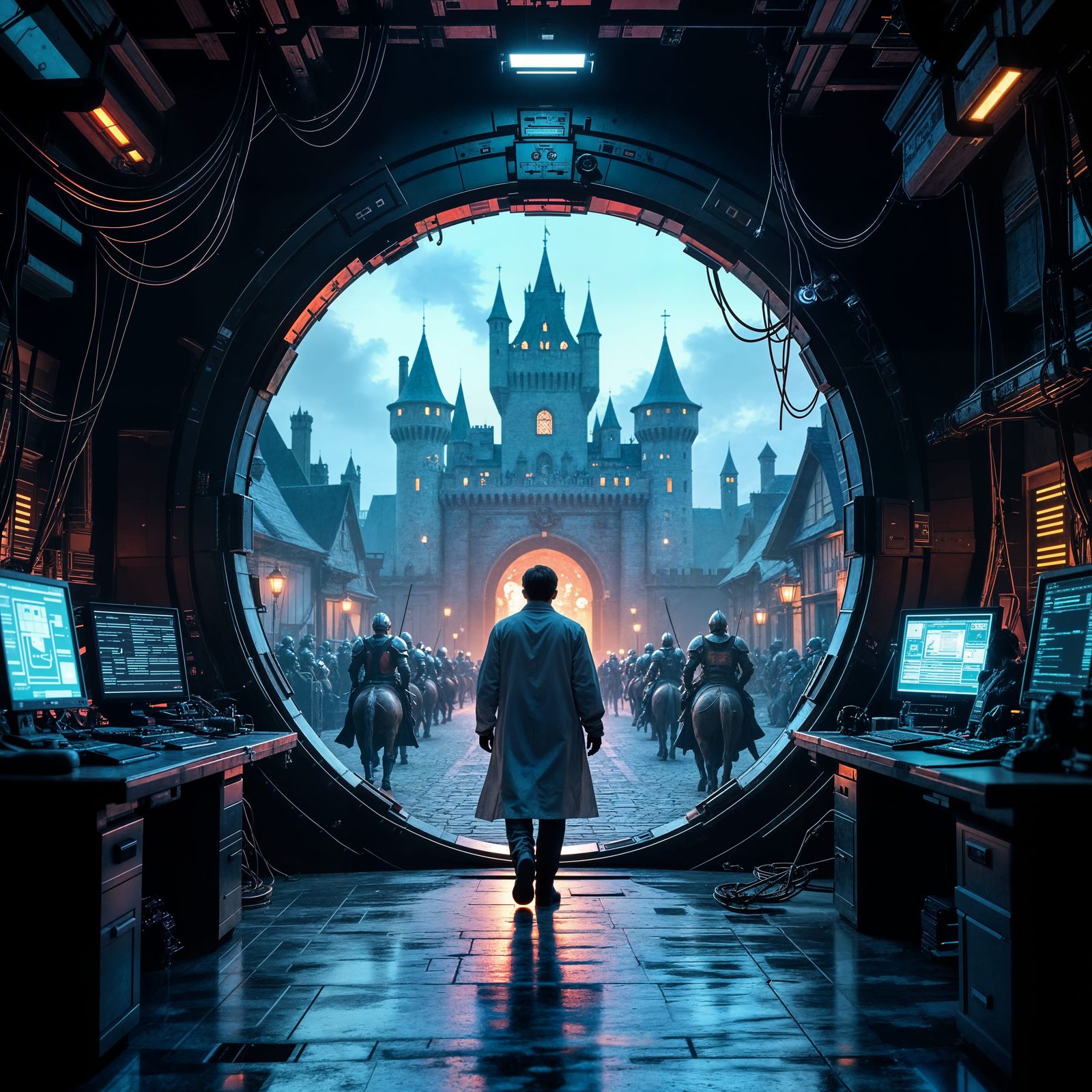 Scientist's Portal: Futuristic Lab to Medieval Village