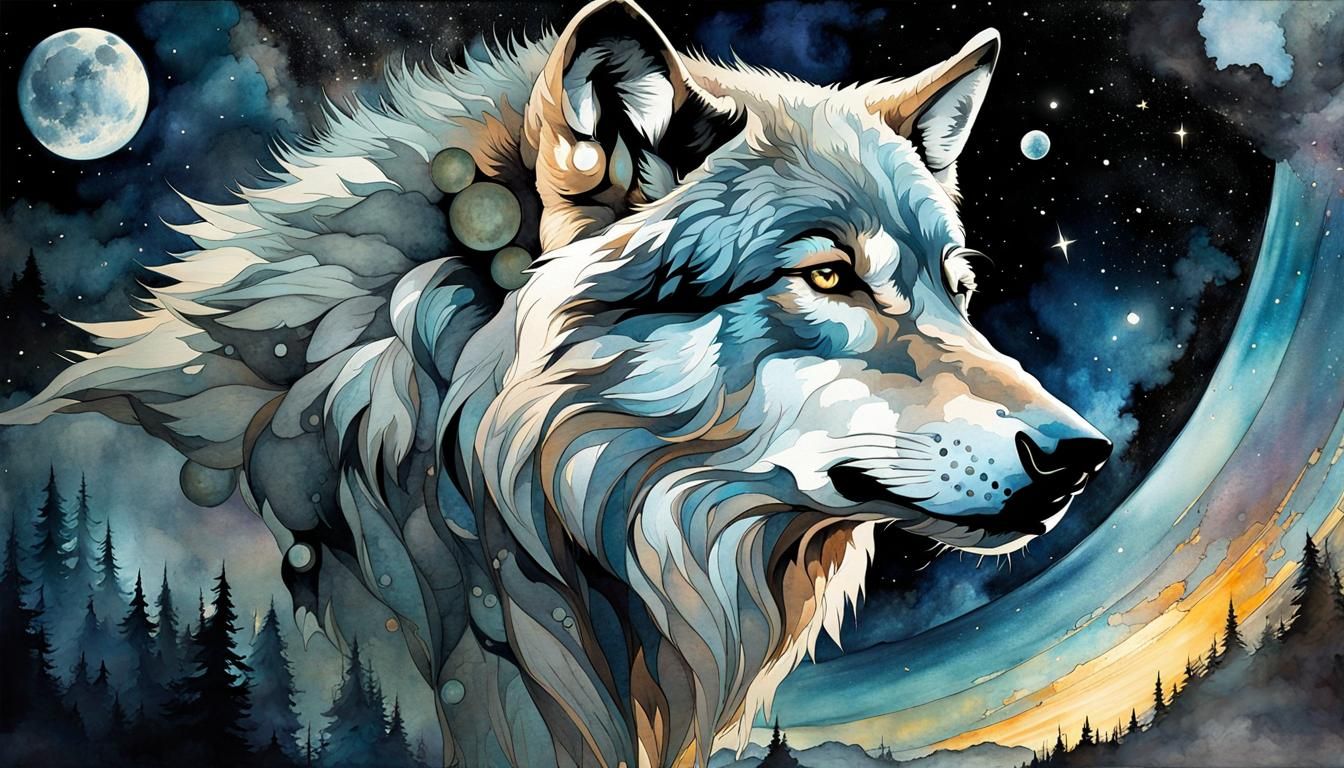 Cosmic Grey Wolf in Watercolor Style