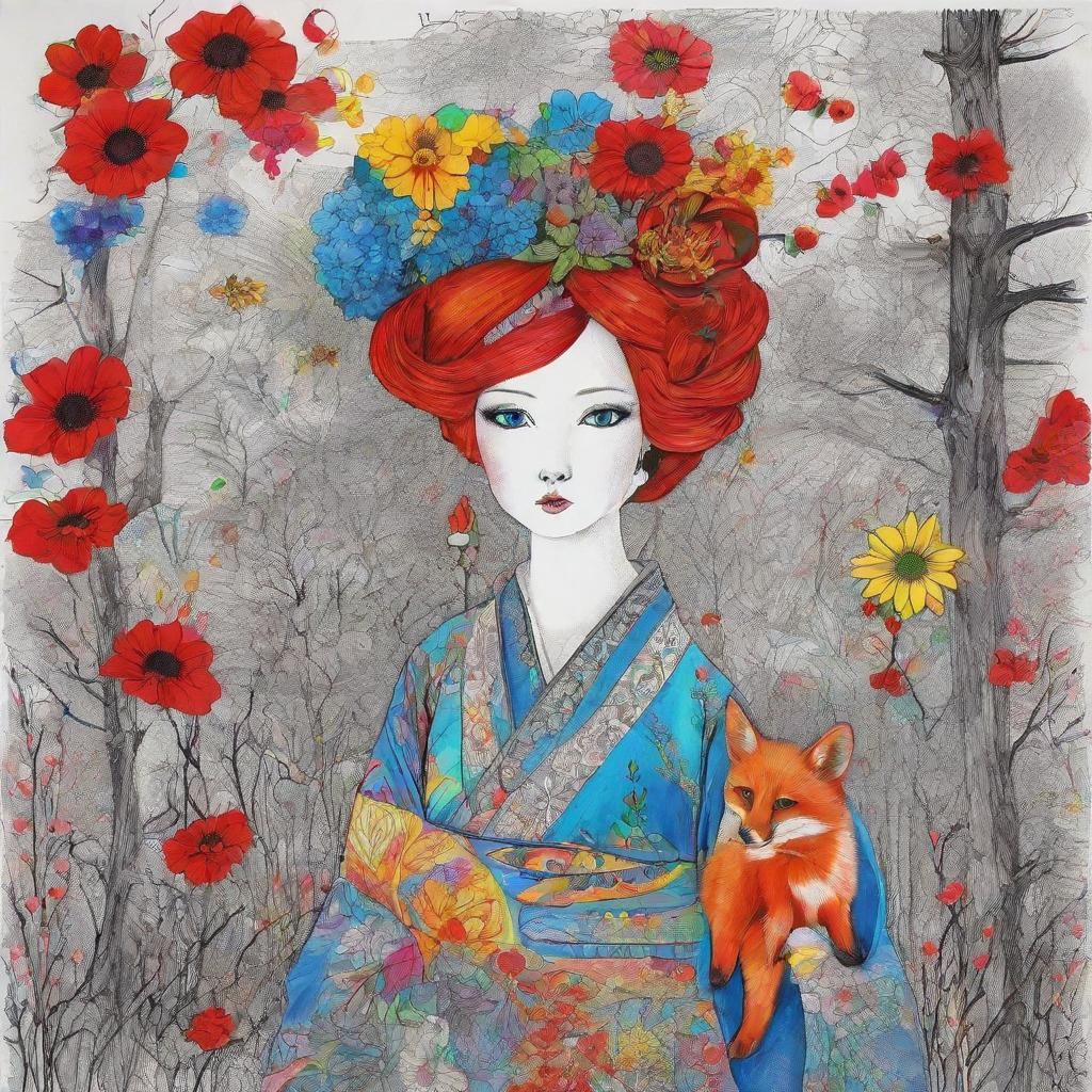 Girl in Hanbok Dress with Crayon Drawing Details