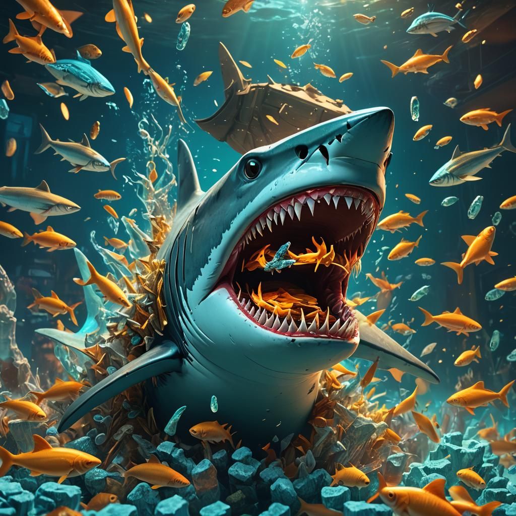 Shark-Headed Figure Displays Cigarettes in Underwater Fantas...