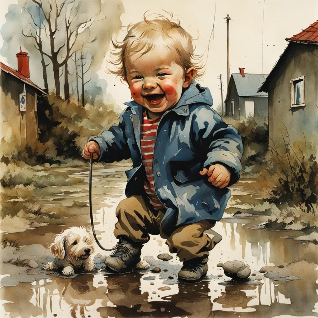 Toddler and Dog Play in Mud Puddle