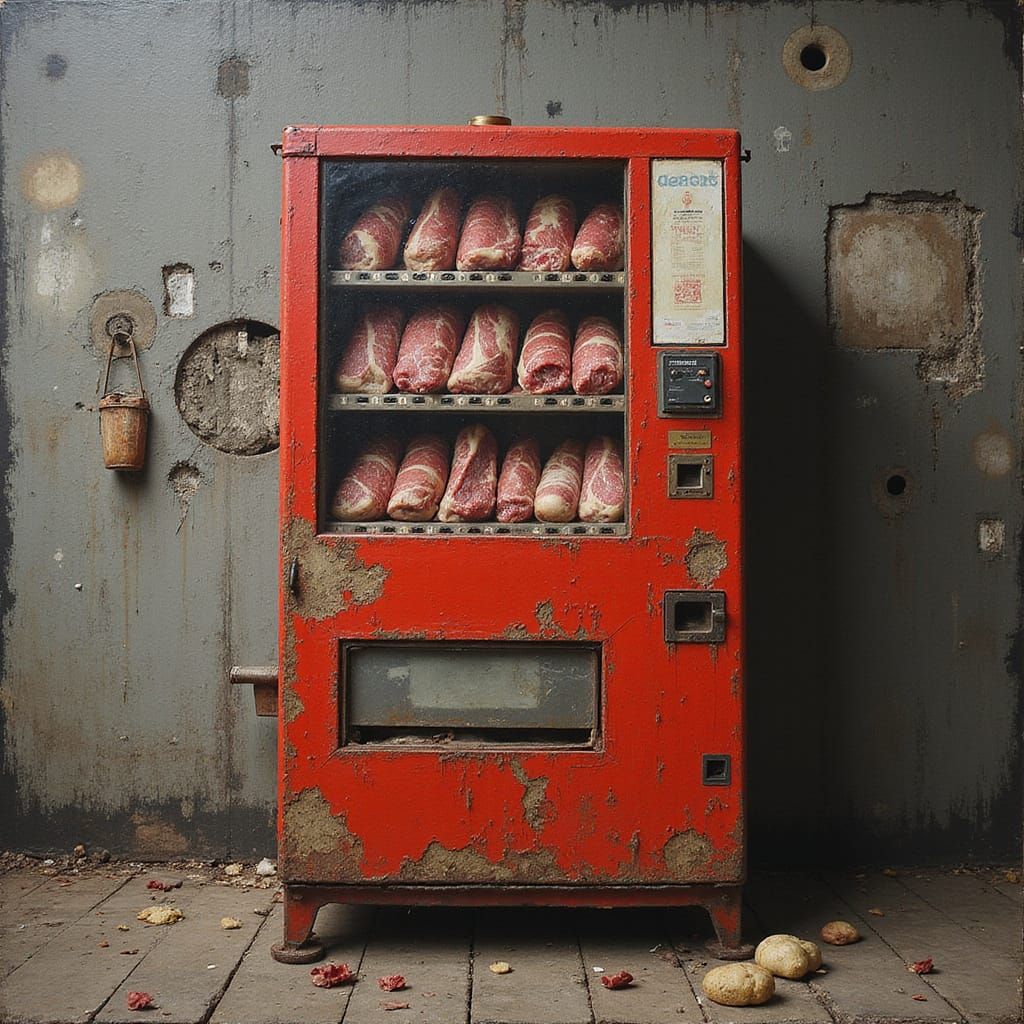 Surreal Vending Machine Dispenses Raw Meat: Collage Art
