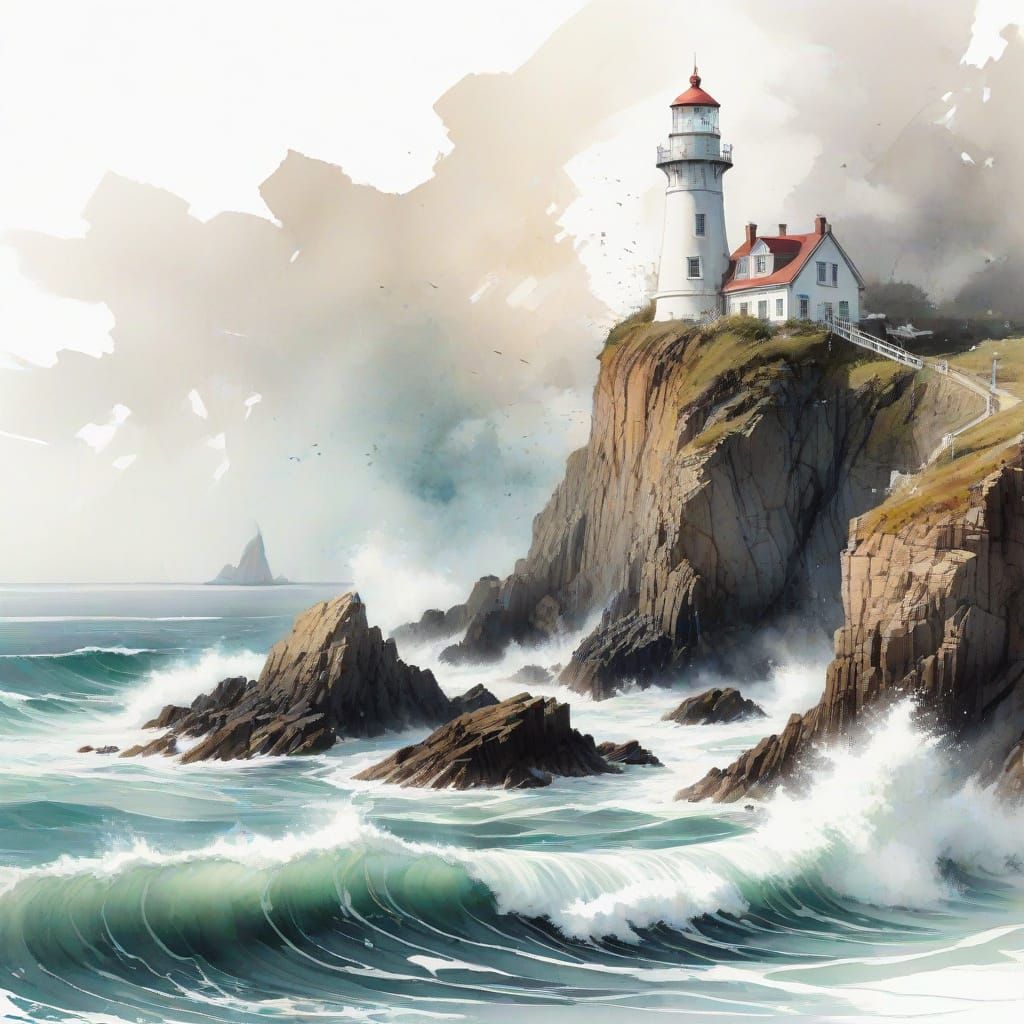 Coastal Lighthouse Scene in Expressive Digital Watercolor