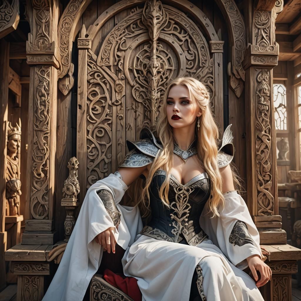 Norse Goddess on Throne in Hyper-Realistic Style