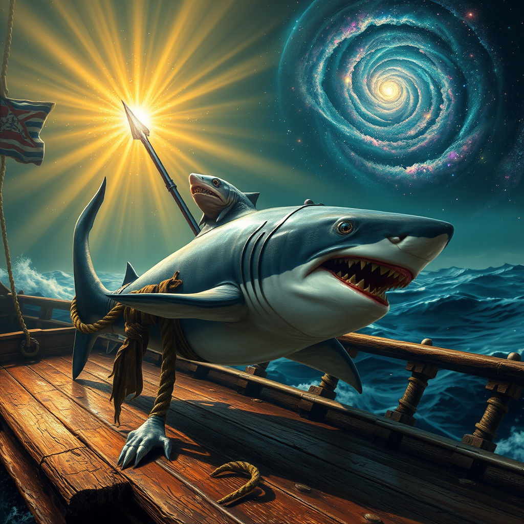 Pirate Shark on Ancient Ship Deck in Kinkade Style