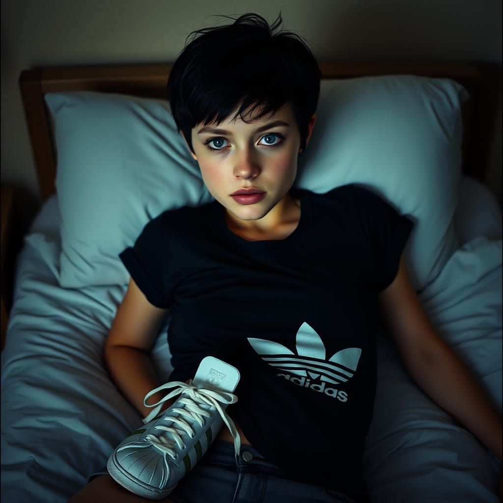 Cinematic Film Still of Woman on Bed