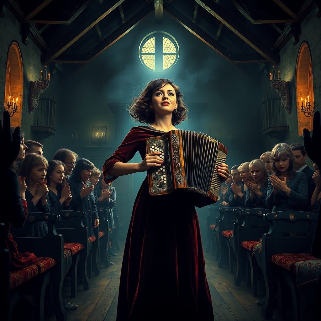 Whimsical Woman Defies the Shadows in a Haunting Chapel Scen...