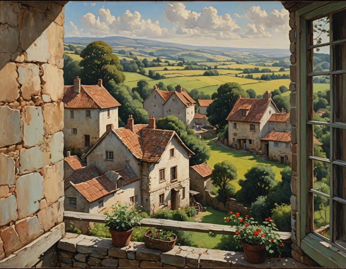 Picturesque Village View Through Window, Oil Painting