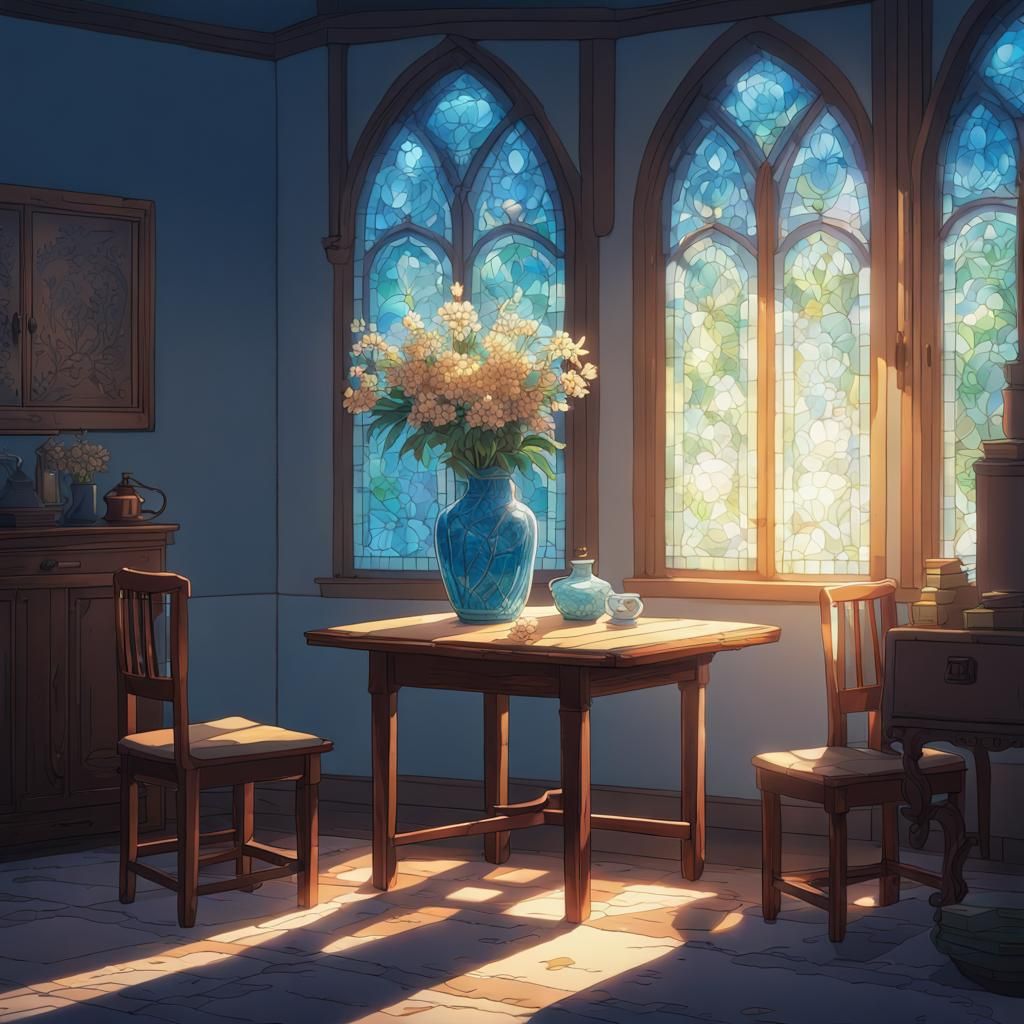 Cozy Room with Stained Glass in Anime Style