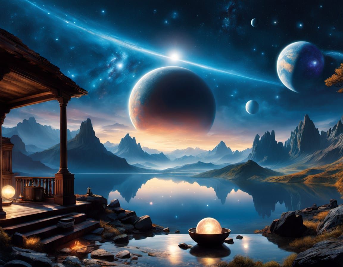 Cosmic Back Porch Panorama in Surrealistic Digital Art