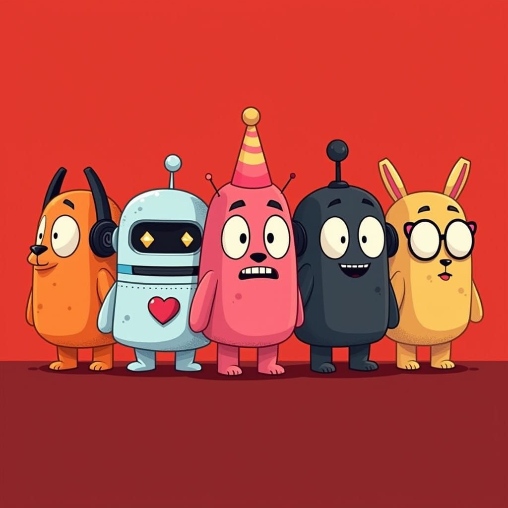 Seven Unique Animated Characters in a Vibrant Red Background