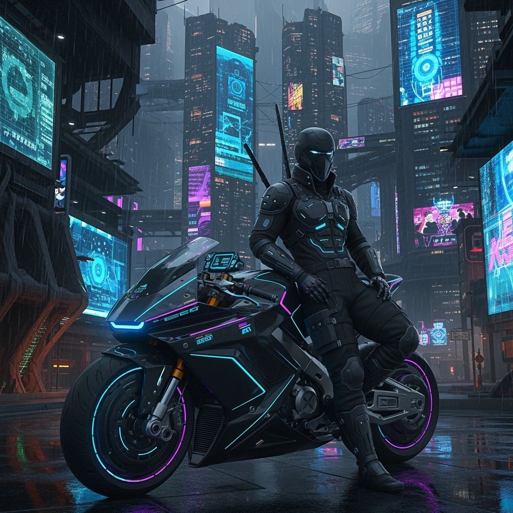 Ninja Cyborg in Neon Cityscape: Cyberpunk Style