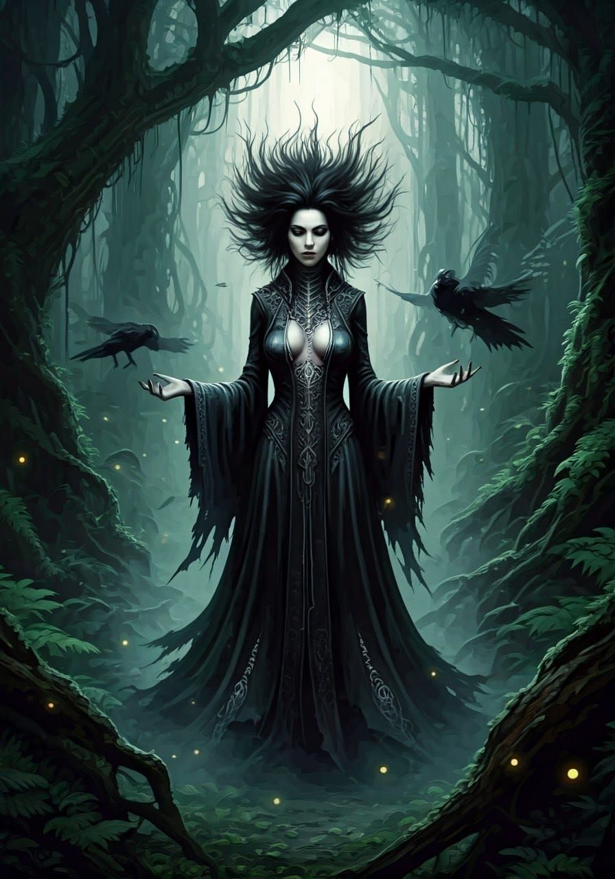 Dark Witch in Primeval Jungle, Cinematic Acrylic Art