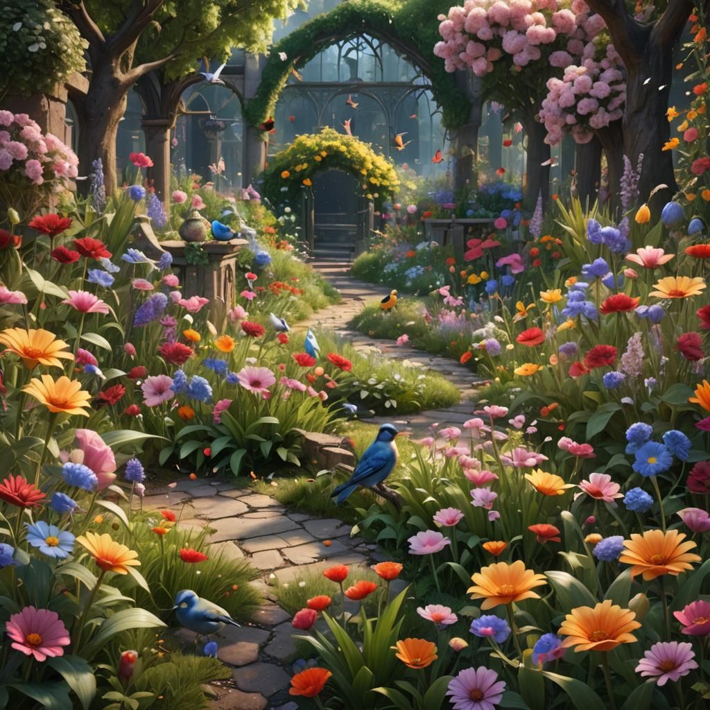 Lush Garden Scene with Birds, Digital Painting