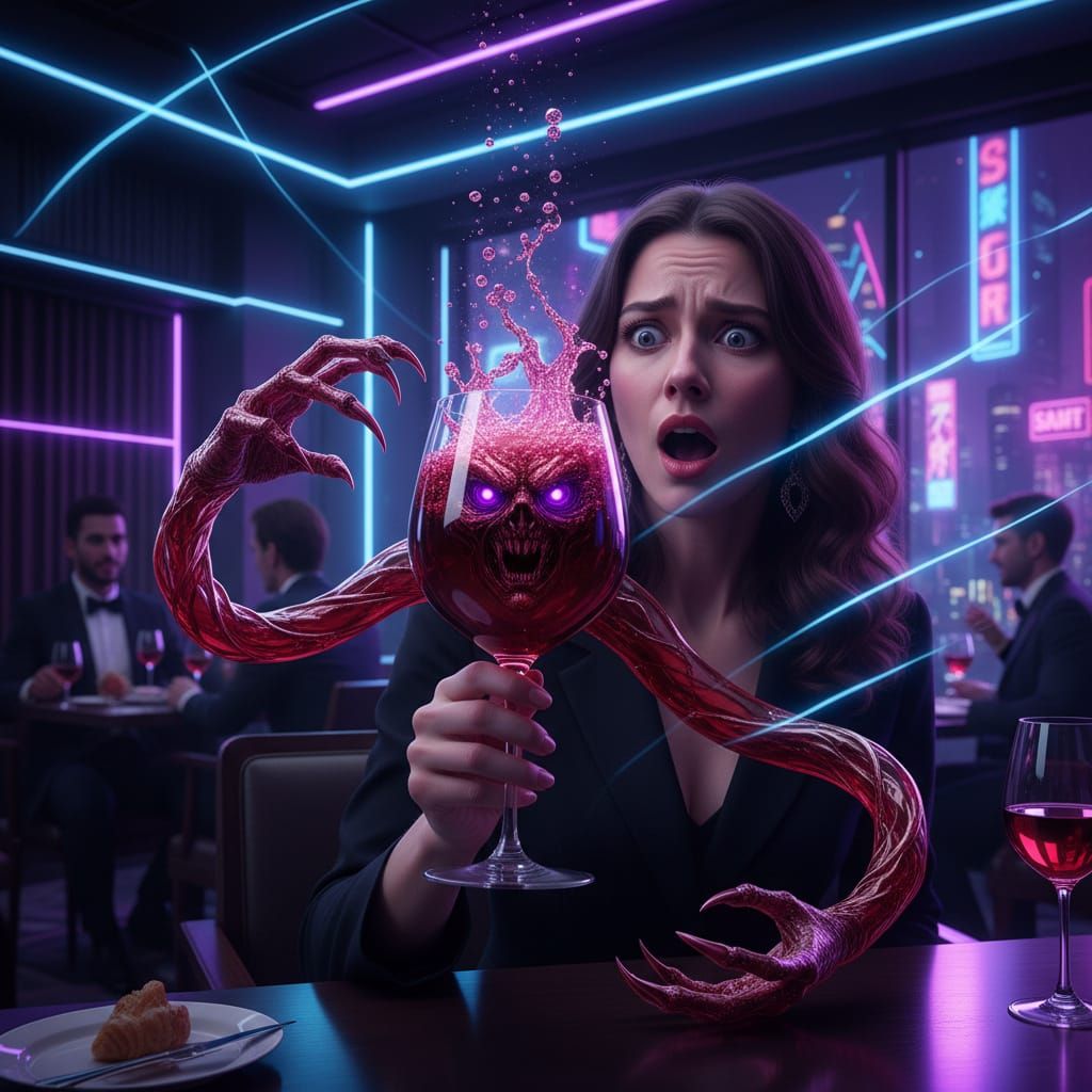 Horror Woman Faces Wine's Living Face