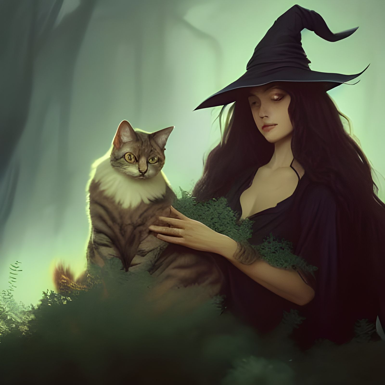 Witch and Cat Portrait in Art Nouveau Style