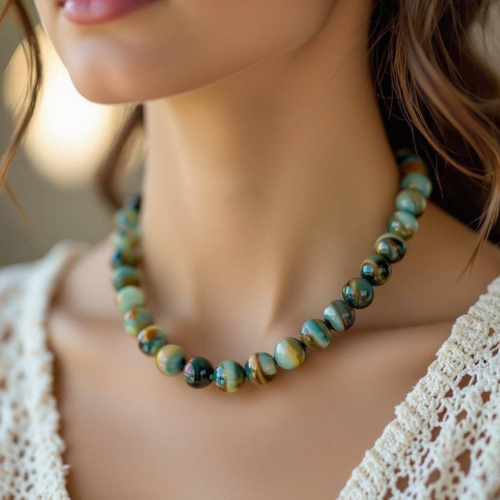 Close-Up of Woman's Neck with Tiger's Eye Necklace