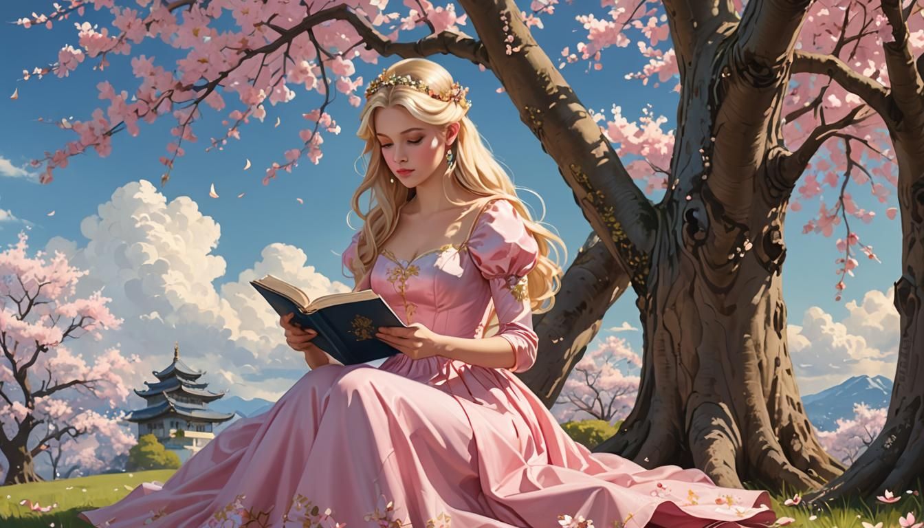 Blond Princess Reading Book Under Cherry Blossom