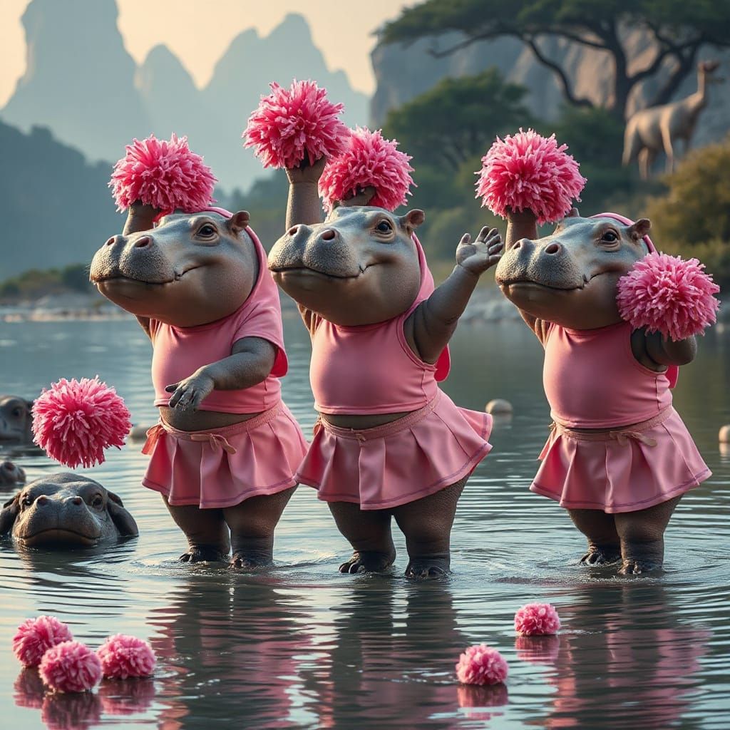 Hippos Cheerleading in African Landscape, Splash Art