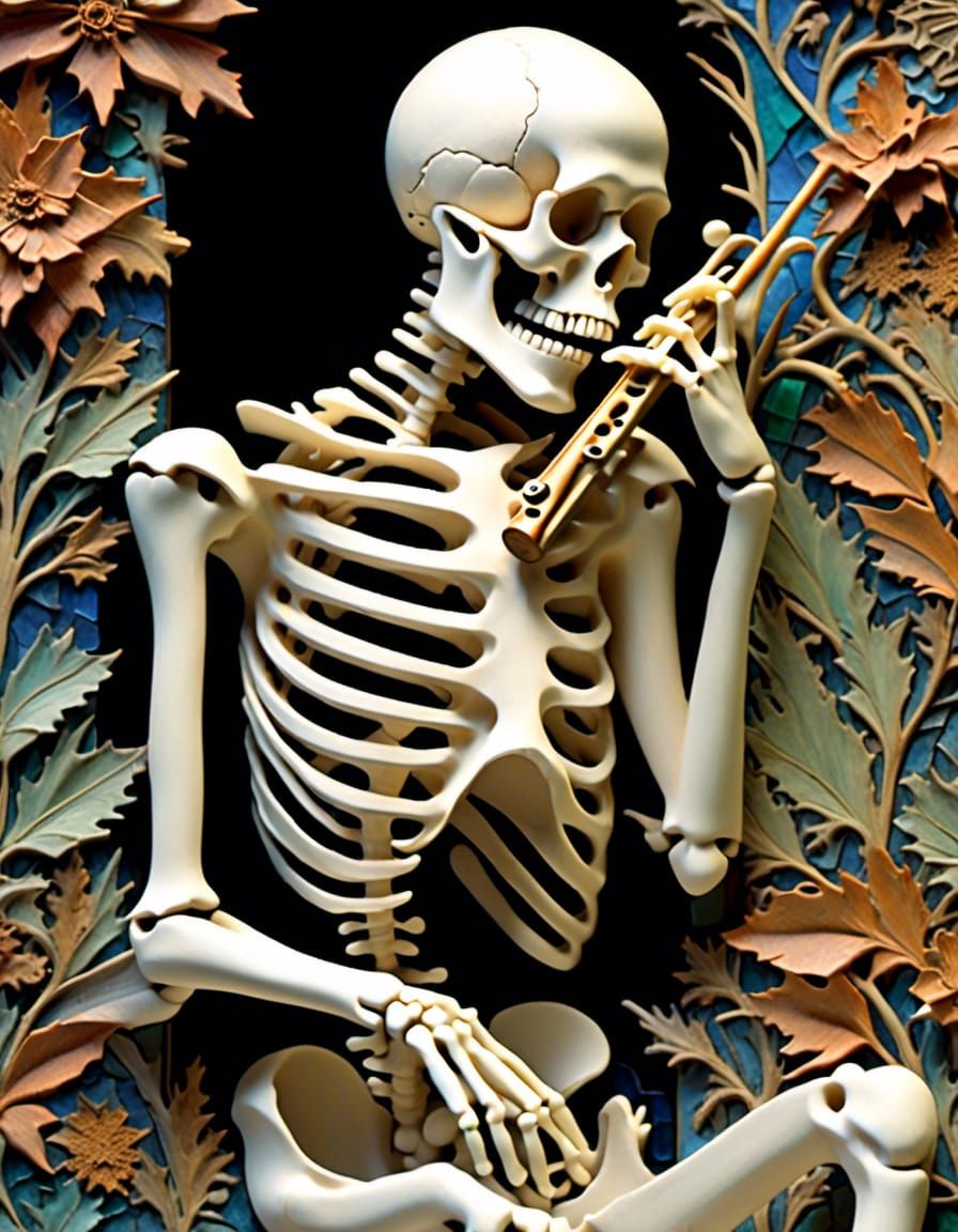 Skeleton Flute Player in Art Nouveau Style