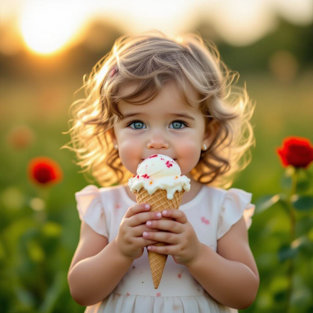 Photorealistic Girl with Melting Ice Cream in Golden Hour Li...