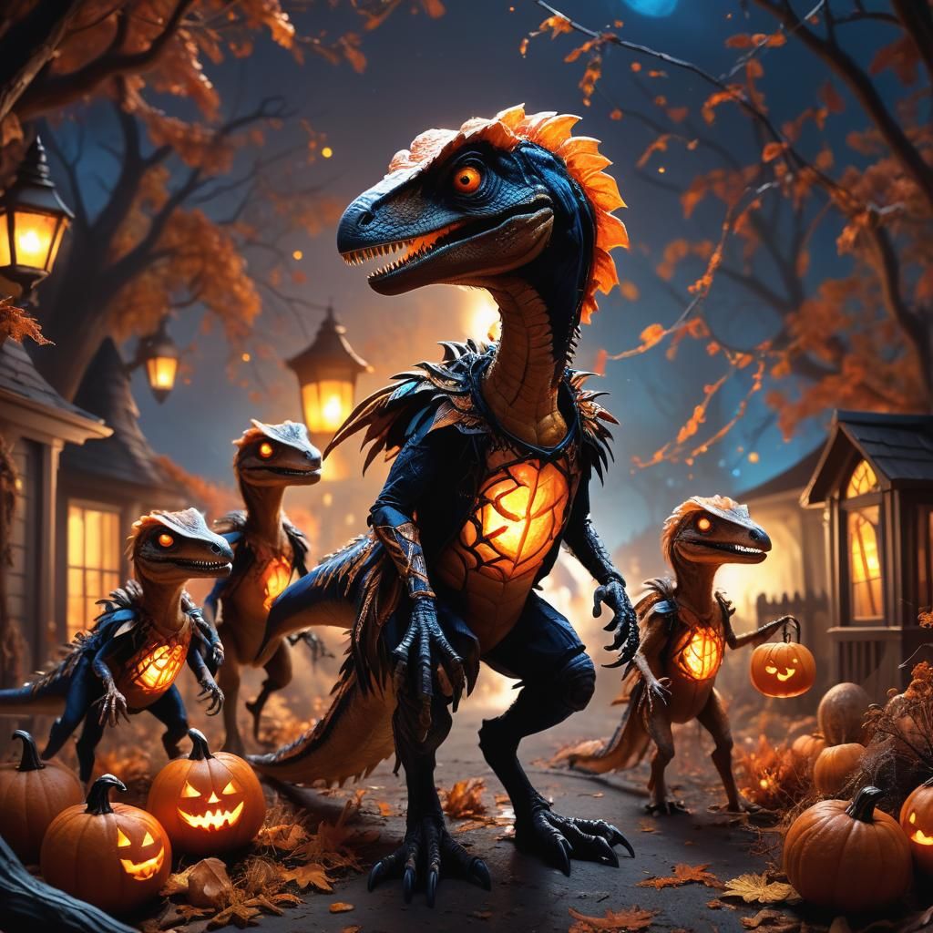 Costumed Velociraptors Trick-or-Treating: Fantasy Concept Ar...