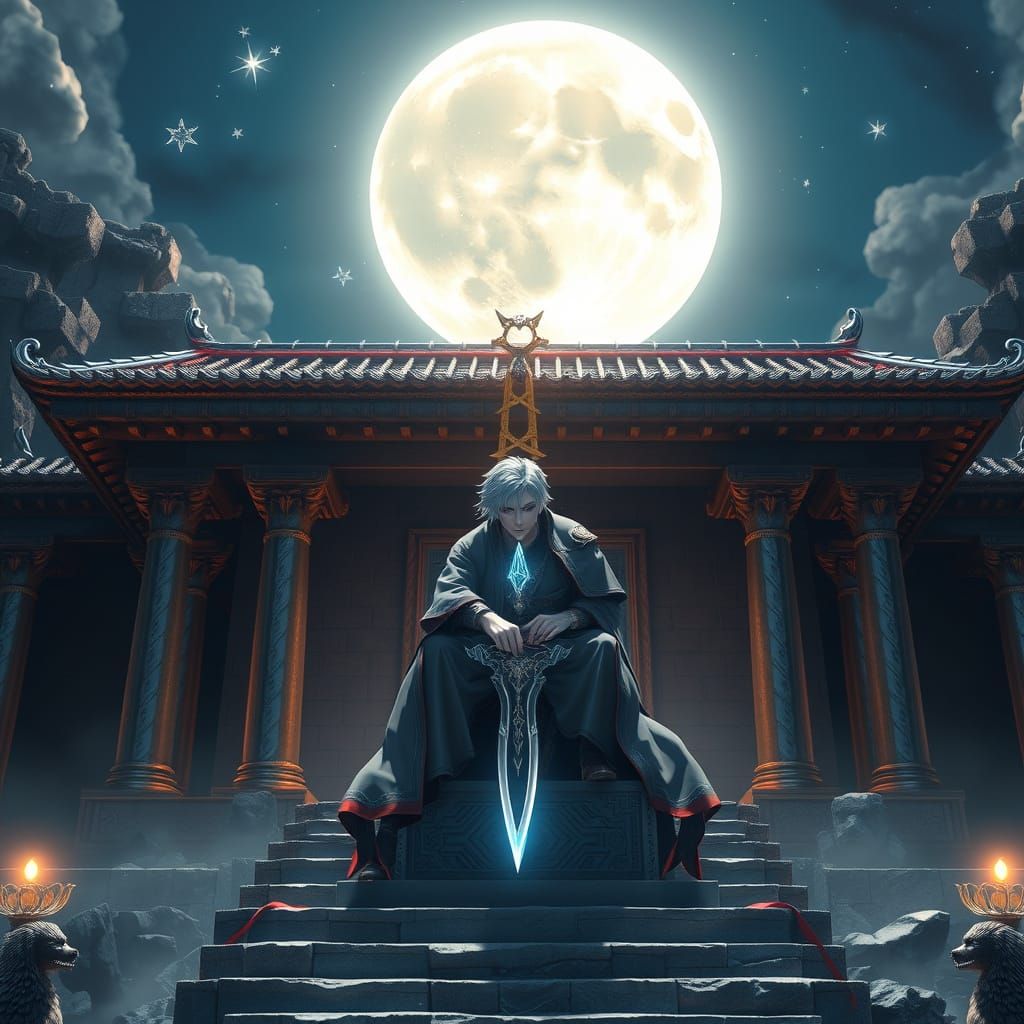 Ancient Temple Altar Scene in Cyberpunk Anime Style