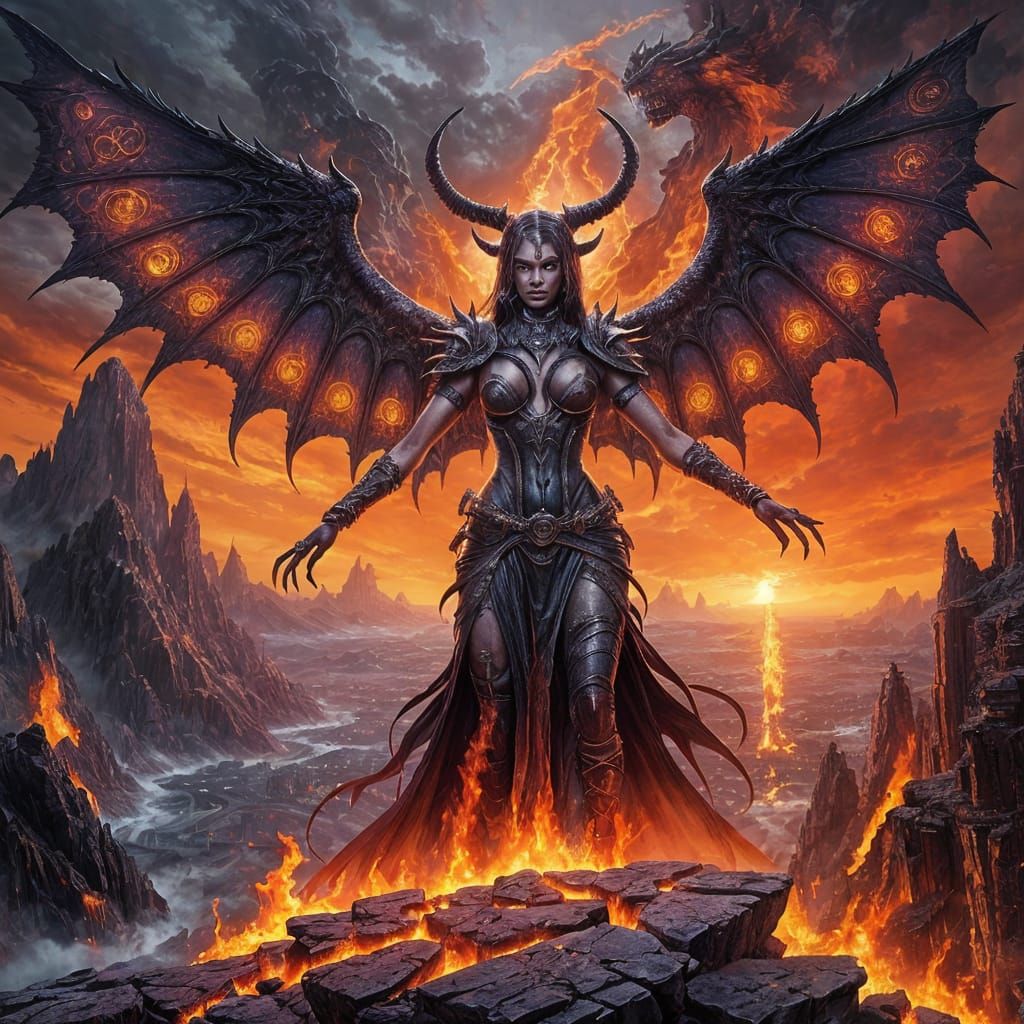 Demon Woman Overlooking Hellscape: Dark Fantasy Art